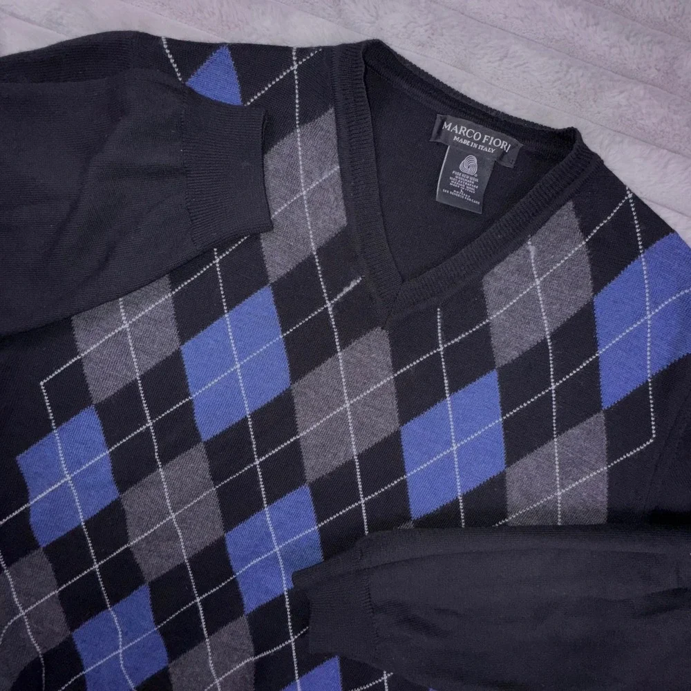Marco Fiori Argyle V Neck Sweater Mens‎ Large Merino Wool Blue Black Made Italy
